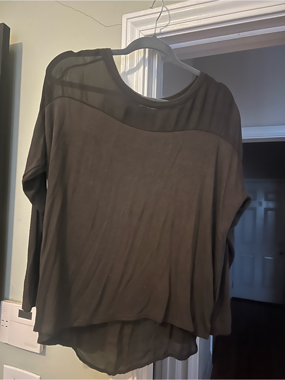 Womens Brown Sheer Yoke Long Sleeve Top